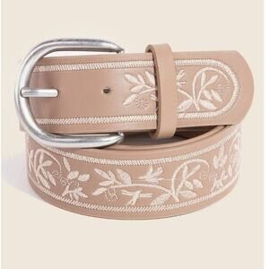 Floral Embroidered Pattern Vegan Leather Belt Khaki